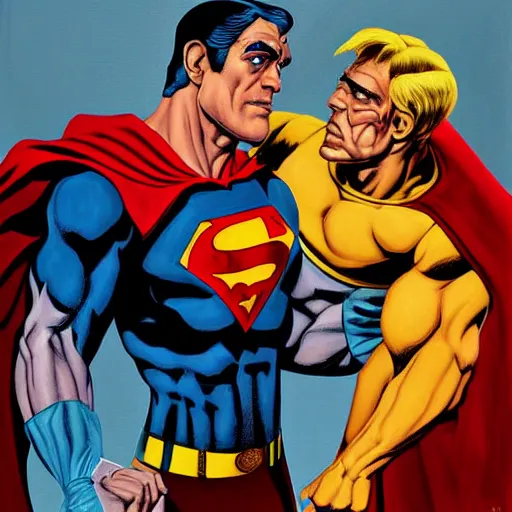 Prompt: Painting of Boris Karloff as Superman fighting the Brad Pitt as the Hunchback of Notre Dame by Mark Brooks