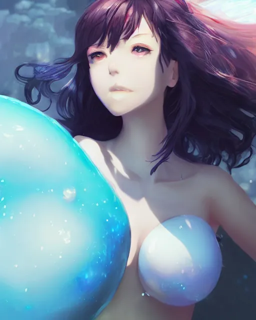 Prompt: a blue slime monster girl, full shot, atmospheric lighting, detailed face, by makoto shinkai, stanley artgerm lau, wlop, rossdraws