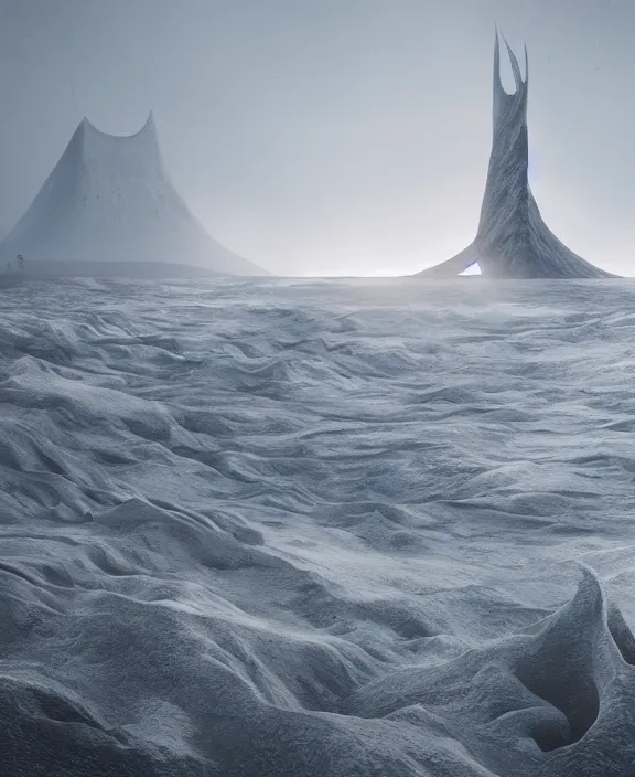 Prompt: surreal covenant deformation tower, futuristic berserk white architecture in the beach in iceland, foggy, highly detailed, digital painting, arstation, concept art, hyperealistic octane render, unreal engine,