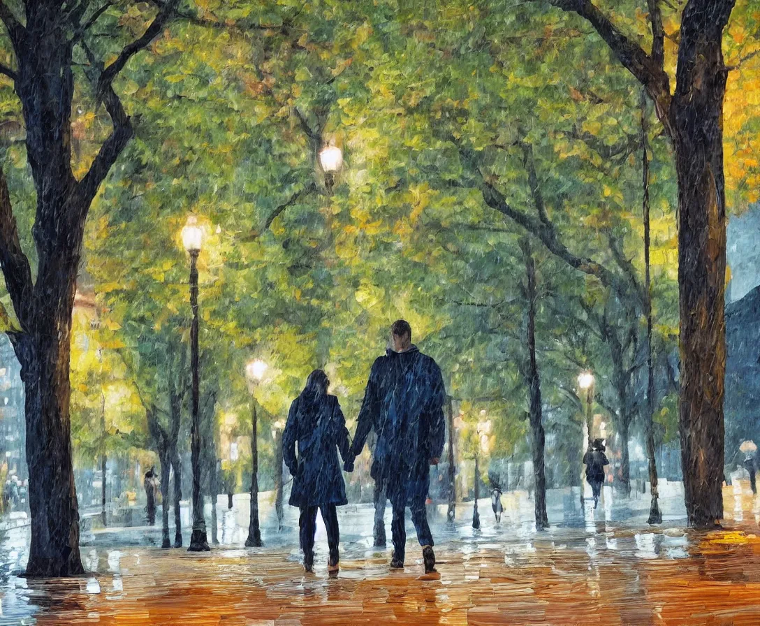 Image similar to a couple walking in the park, oil painting, night time, new york city, trees, fall season, rain, wet walkway, park bench, street lights, soft tones