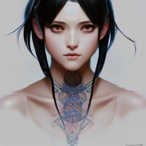 Image similar to portrait of beautiful symmetrical anime girl, black hair, attractive, casual, modern, highly detailed, digital painting, artstation, concept art, smooth, sharp focus, illustration, art by moebius artgerm, greg rutkowski and alphonse mucha, 8 k