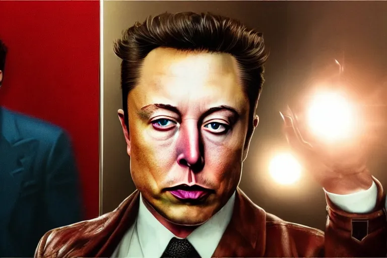 Image similar to hyperrealism aesthetic ridley scott and denis villeneuve style portrait photography of a detailed hyperrealism elon musk, siting on a detailed hyperrealism toilet and scrolling his detailed smartphone in hyperrealism scene from detailed art house movie in style of alejandro jodorowsky and wes anderson