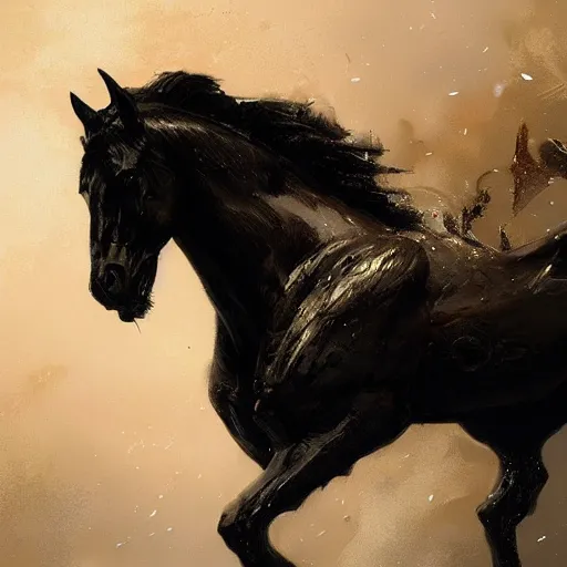 Prompt: a close up of a black stallion by greg rutkowski and thomas kinkade, trending on artstation