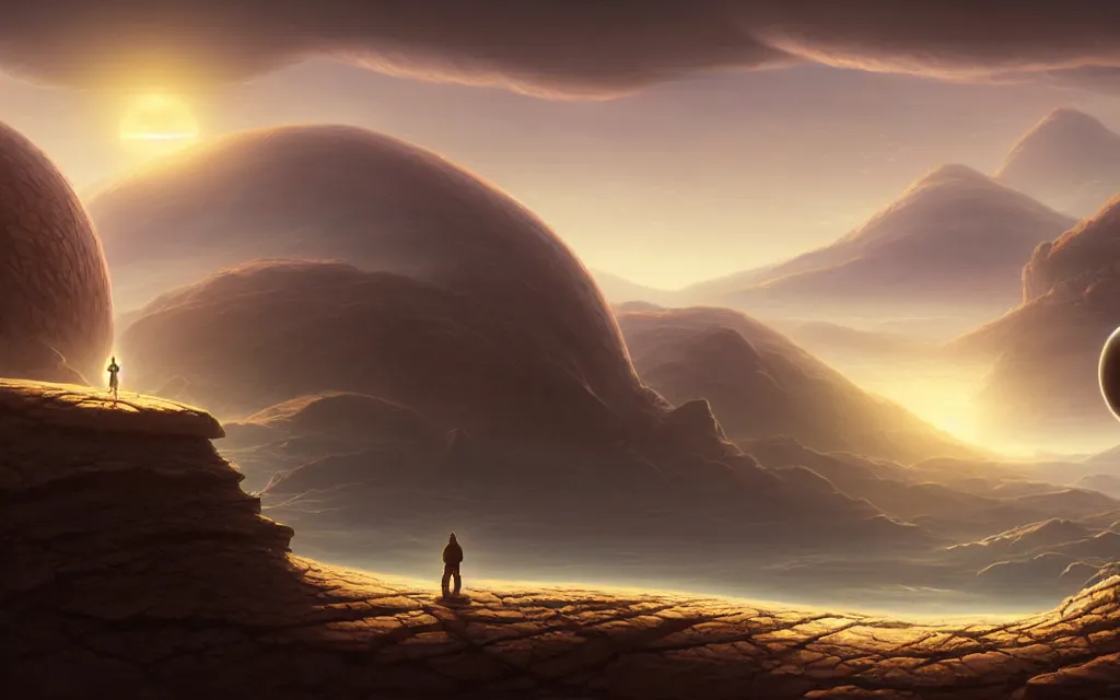 Prompt: a beautiful highly detailed matte painting with a character looking at an alien planet with giant floating orb in a desolate valley by Jose Daniel Cabrera Pena and Leonid Kozienko, Noah Bradley concept art