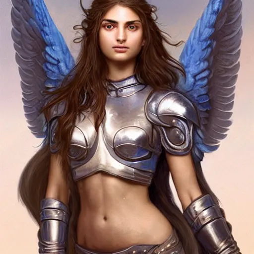 Image similar to portrait of young aasimar angel valkyrie warrior girl maiden wearing comfy leather armor with beautiful feathered angel wings, blue eyes, Emily Ratajkowski, innocent, intricate, elegant, highly detailed, ultradetailed, hyperdetailed, artstation, concept art, smooth, sharp focus, illustration, art by artgerm and greg rutkowski and alphonse mucha, Blizzard, Elden Ring