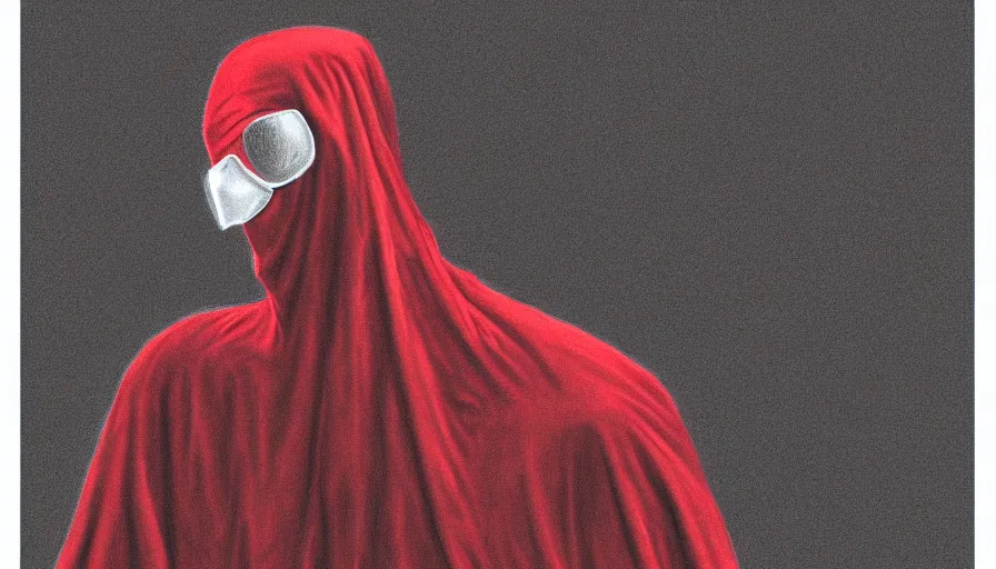 Image similar to portrait digital drawing of invisible man wrapped in red velvet sheet. surrounded by darkness
