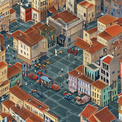 Image similar to dream isometric view illustration of a medieval Marseille street corner, highly detailed, mid day by Victo Ngai and James Gilleard