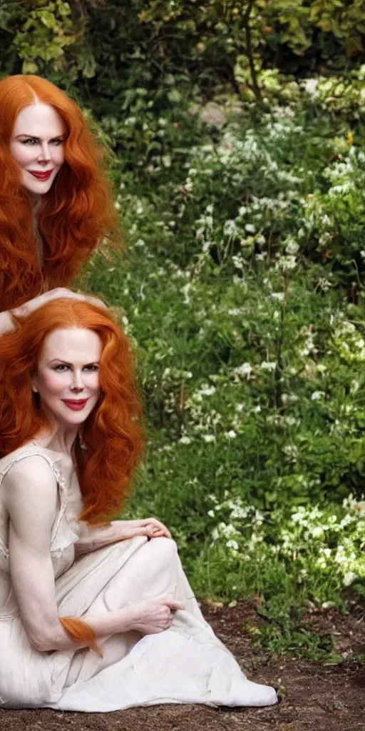 Image similar to beautiful redhead woman, nicole kidman, long hair, beautiful dress, 1930, out of focus, sitting in green garden