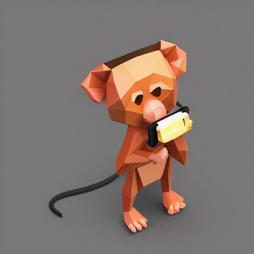 Image similar to isometric cute low - poly monkey using a sony walkman, isometric, cute