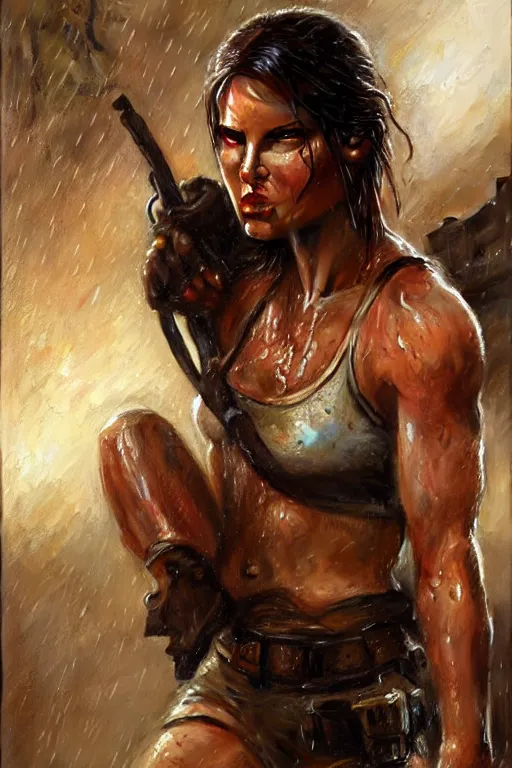 Image similar to muscular sweat and wet, lara croft, exhausted face close up, rain background, highly detailed painting by gaston bussiere, craig mullins, j. c. leyendecker 8 k