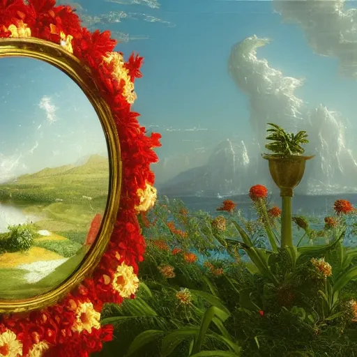 Image similar to a highly detailed painting by Thomas Cole of a vaporwave alternative reality mirror, robot head with flowers growing out, highly detailed 3d rendering from 1996