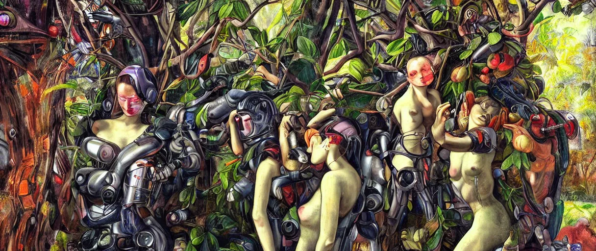 Prompt: hyperdetailed photorealistic cyborgs under a big tree, eating interesting elaborate fruits. in the style of Caravaggio and Paul Gauguin, with liberty cyberpunk and flemish baroque mixed media elements. soft pastel tones. matte background HD 8x