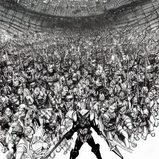 Prompt: one hero with sword looking at army of swordsmen in the background, in the middle of an arena, crowd of people, pencil art, straight, clear, added detail, high definiton, colored, aerial view, by yoji shinkawa