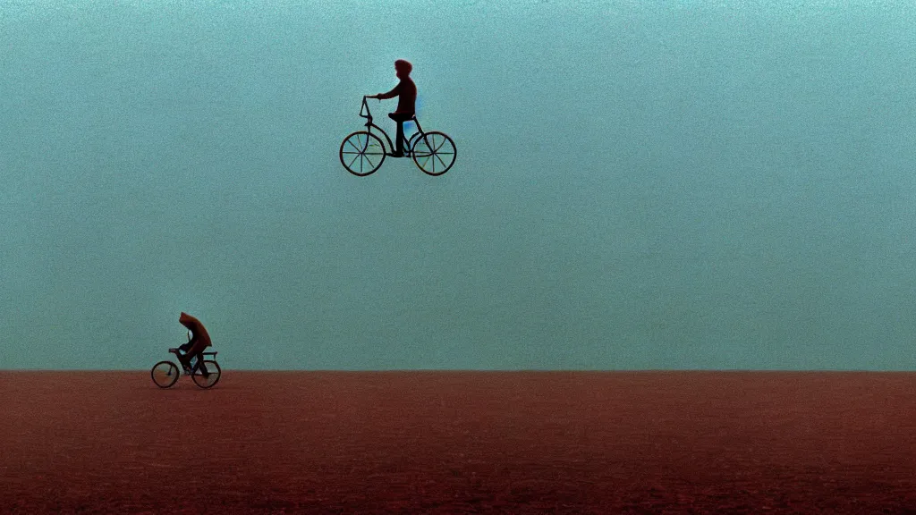 Prompt: a man riding a bicycle, film still from the movie directed by wes anderson with art direction by zdzisław beksinski, wide lens