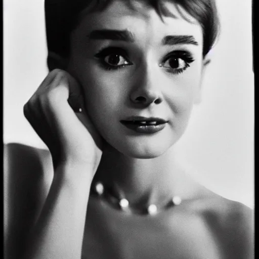 Image similar to photo of young Audrey Hepburn by Diane Arbus, extreme closeup, black and white, high contrast, Rolleiflex, 55mm f/4 lens