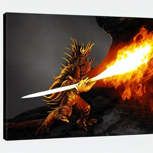 Prompt: A burning steel longsword, with an image of a champion striking down a cave dragon on the blade, in gold