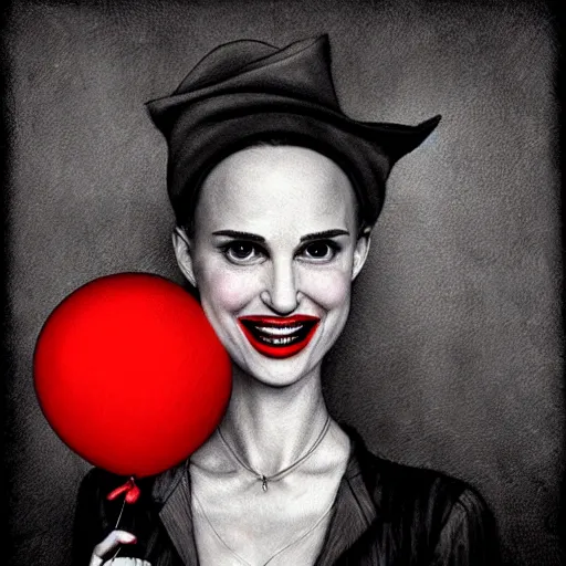 Prompt: surrealism grunge cartoon portrait sketch of natalie portman with a wide smile and a red balloon by - michael karcz, loony toons style, freddy krueger style, horror theme, detailed, elegant, intricate