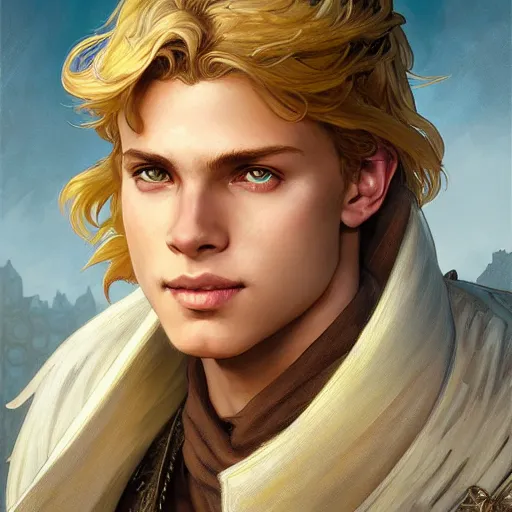 Image similar to an epic fantasy comic book style portrait painting of a young blonde boy thief, d & d, fantasy, joyful smirk, intricate, elegant, highly detailed, digital painting, artstation, concept art, matte, sharp focus, illustration, art by artgerm and greg rutkowski and alphonse mucha