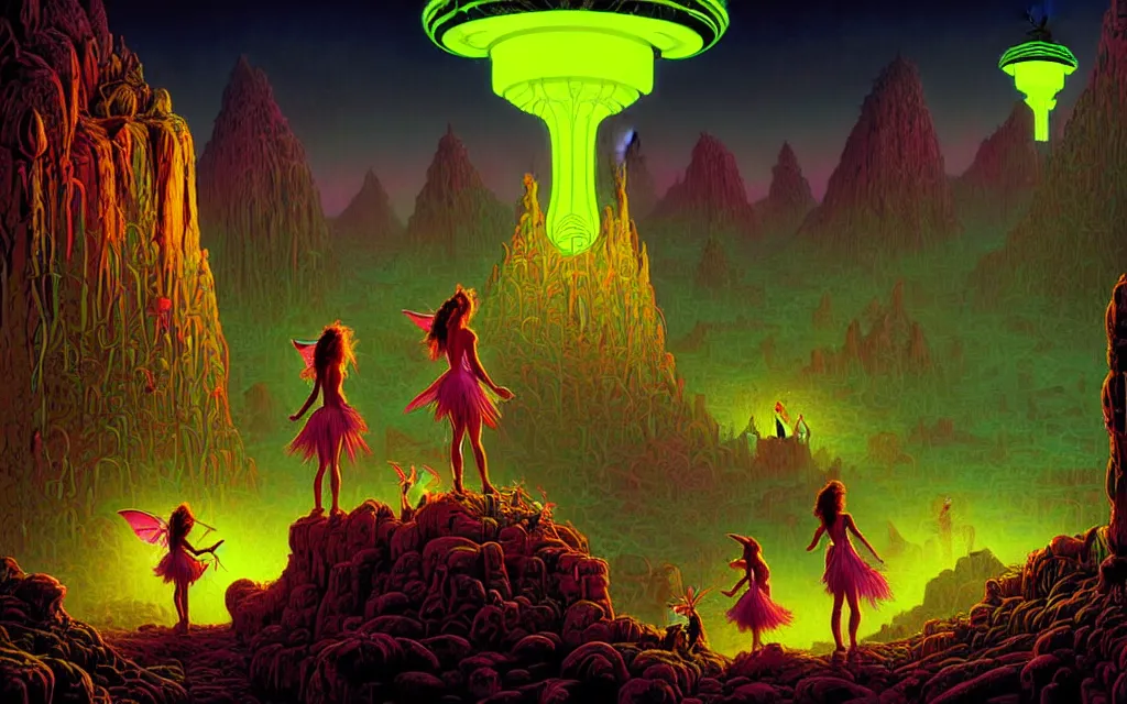 Prompt: the lost fairies of wonderland in an ancient desert looms over the small people who dwell outside of it's shaded walls. an image of the future ever receding from the clutches of greed. vivid neon art deco romanticism landscape, epic grimdark fantasy composition. harsh linework. by dan mumford, by thomas cole. neon lanterns in the gloom.