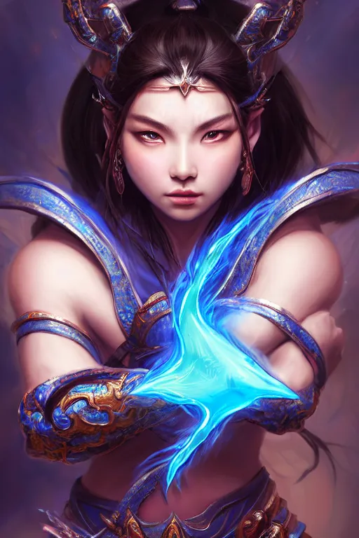 Image similar to a masterpiece portrait of nezha, legendary god holding spear, blue flame everywhere, epic pose, fantasy character portrait, closeup shot, hyper detailed, digital painting, 8 k realistic, trending on artstation, sharp focus, dof, by fenghua zhong, artgerm, ne zha from smite, tsuyoshi nagano, raymond swanland