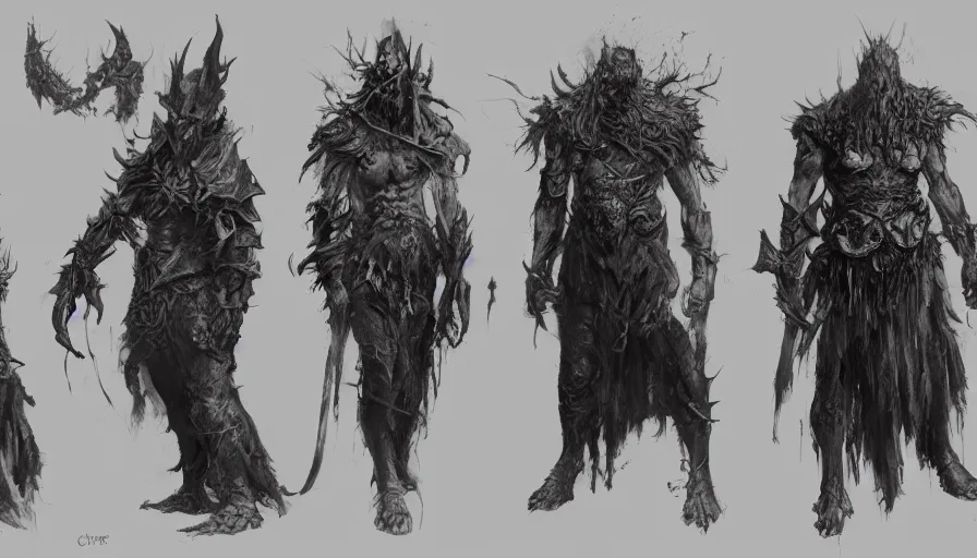 Image similar to feral chieftain charector concept sheet, beksinski, ruan jia, the hobbit orc concept, dark soul concept