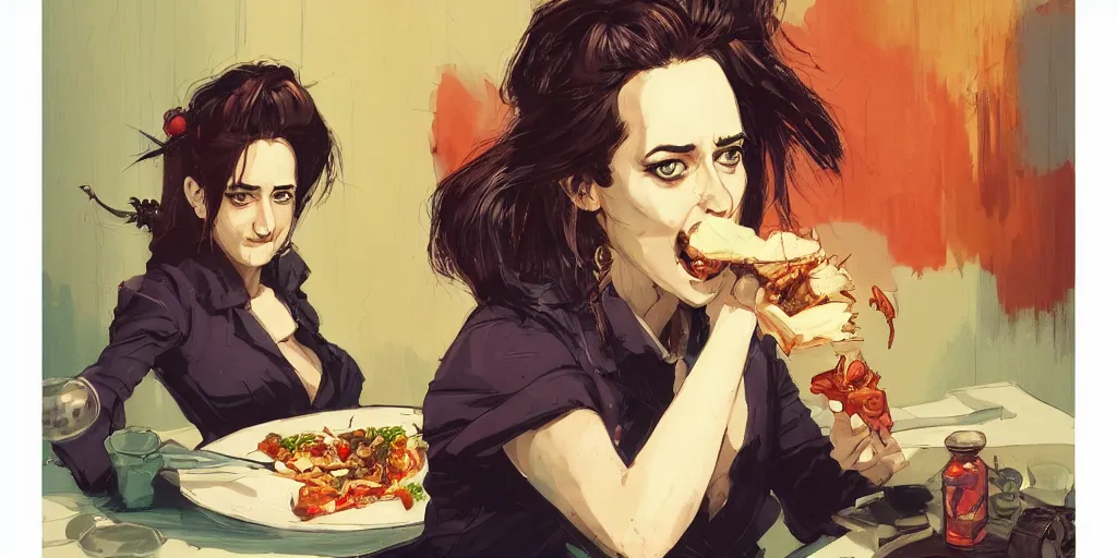 Image similar to cartoonish eva green eating dinner, vivid colors, character sheet, fine details, concept design, contrast, kim jung gi, greg rutkowski, trending on artstation, 8 k, full body, turnaround, front view, back view, ultra wide angle