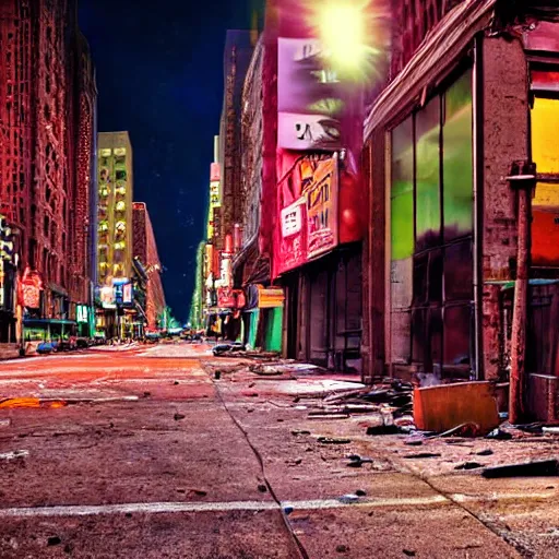 Image similar to color photograph, highly detailed abandoned New York city street at night after the war between humans and AIs, natural light, film grain, soft vignette, sigma 85mm f/1.4 1/10 sec shutter, film still promotional image, IMAX 70mm footage