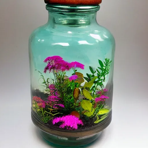 Image similar to a jar with a variety of beautiful plants inside, art