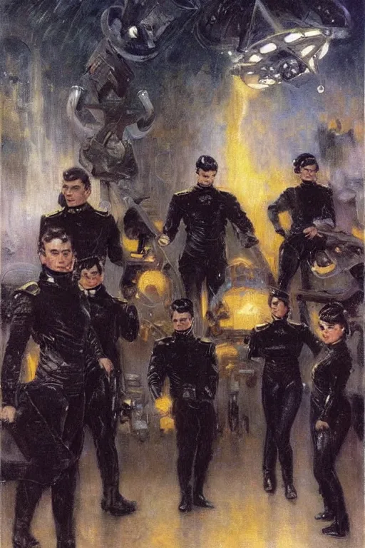 Image similar to evil star fleet officers dressed in all black. art by gaston bussiere.