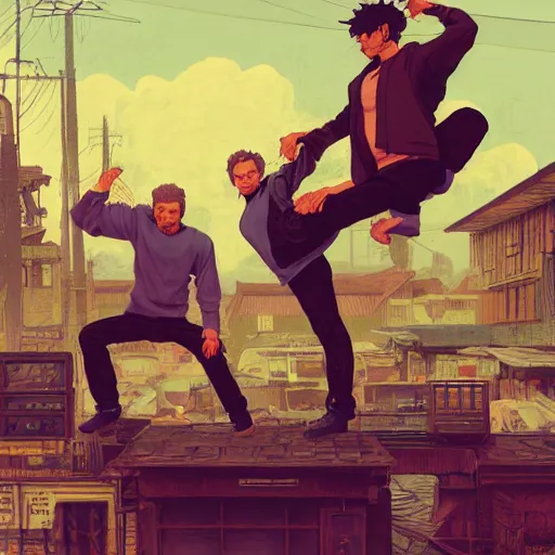 Image similar to rpg character concept art, twin brothers being cute doing acroyoga in a junkyard, no soup, intricate detail, in the style of jamie hewlett killian eng kawase hasui riyoko ikeda, 3 d render, artstation trending, 8 k, octane render, photorealistic, volumetric lighting caustics, sharp detail, manga, black and white