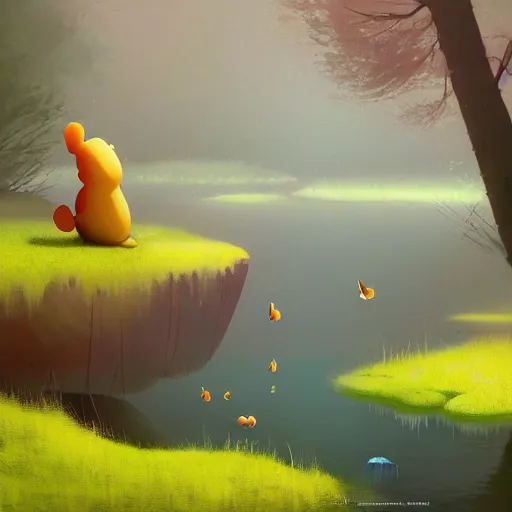 Prompt: goro fujita ilustration a river in the forest with clear water with moss on the edges, while watching a golden carp fish swimming, painting by goro fujita, sharp focus, highly detailed, artstation