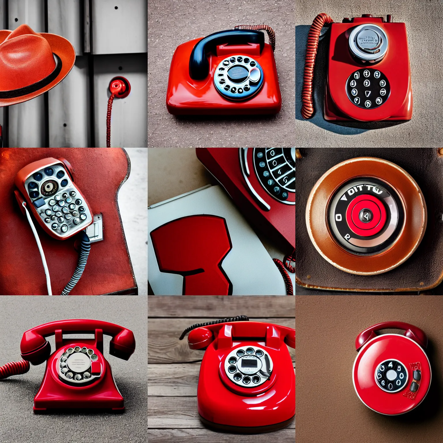 Prompt: red dial telephone wearing a brown cowboy hat, cowboy, cowboy phone