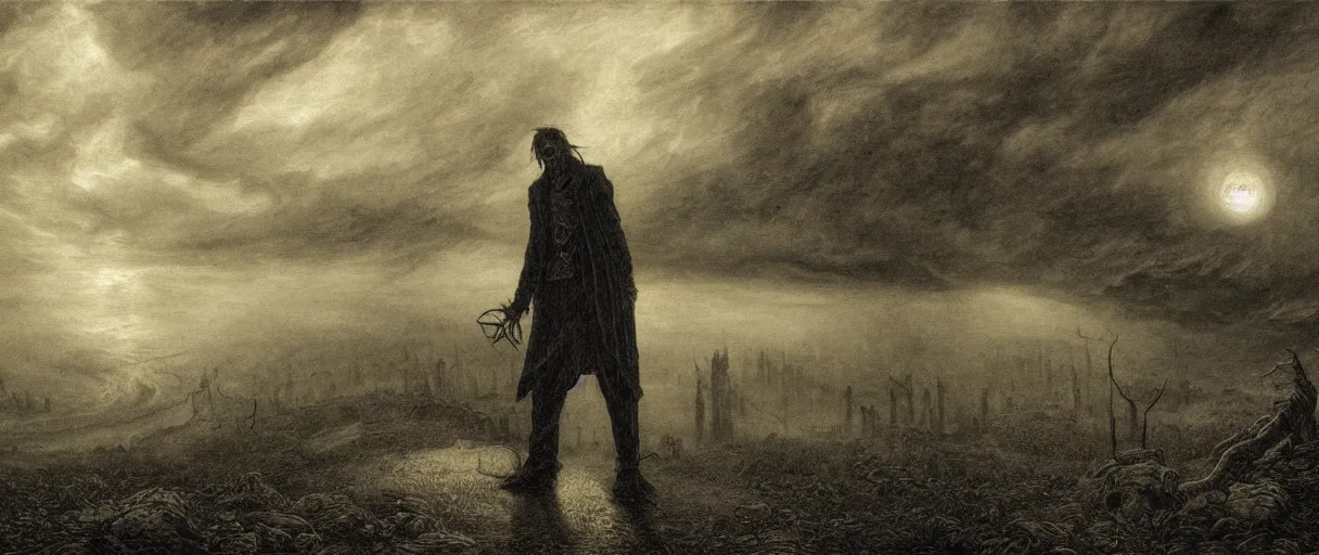 Prompt: an engraving portrait of hastur, lovecraftian atmosphere, caspar david friedrich, foggy, depth, strong shadows, stormclouds, illuminated focal point, highly detailed