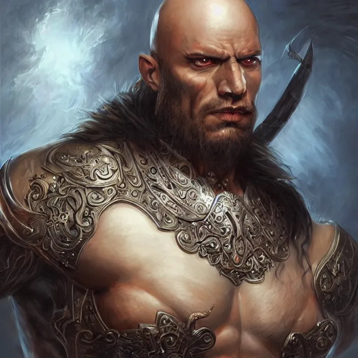 Prompt: a highly detailed symmetrical full body painting of a furious bald male warrior with piercing beautiful eyes in dark tomb setting, dynamic lighting, ambient lighting, deviantart, art by artgerm and karol bak and mark brooks