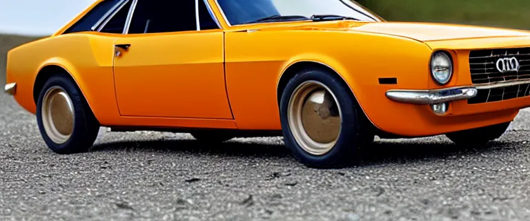 Image similar to orange - yellow audi camaro b 1 ( 1 9 6 7 ), restomod, establishing shot