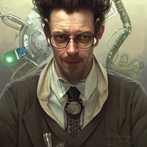 Image similar to portrait of a mad scientist in 2500, advanced technology, intricate, headshot, highly detailed, digital painting, artstation, concept art, sharp focus, cinematic lighting, illustration, art by artgerm and greg rutkowski, alphonse mucha, cgsociety