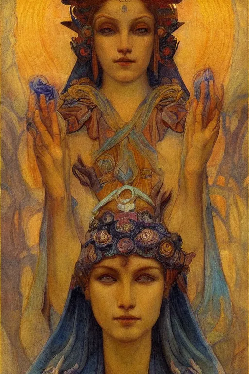 Image similar to goddess of the ancient city by Annie Swynnerton and Nicholas Roerich, strong dramatic cinematic lighting , ornate headdress , flowing robes, lost civilizations, smooth, sharp focus, extremely detailed