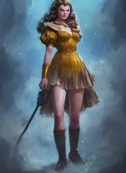 Image similar to beautiful female dorothy gale, margot robbie as dorothy, full body character concept, armor, super powers, fantasy, intricate, elegant, highly detailed, digital painting, artstation, concept art, shining, sharp focus, illustration, art by stanley lau