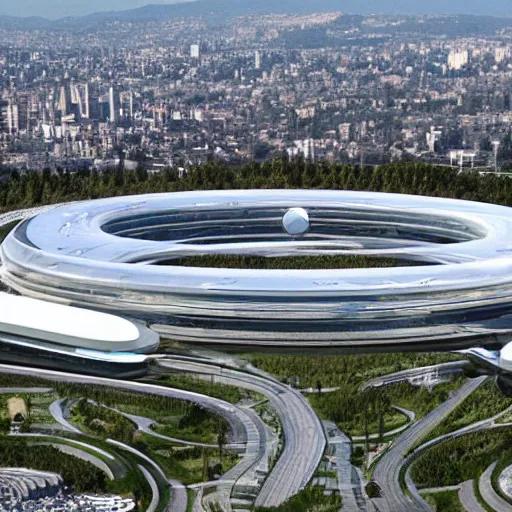 Image similar to The Apple Parc as a giant ring-shaped space station encircling a modern city floating above the city, the ring is horizontal, surrounding the city, cinematic