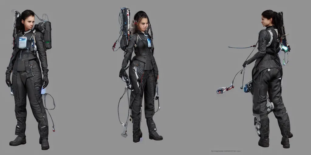 Prompt: front and back character view of a woman in scientist's jacket with a system of straps and pouches for collecting material by Donato Giancola and Tetsuya Nomura, Trending on artstation, cgsociety and pixiv clean sci-fi concept art and sheet that using unreal engine 5 render and hyper detailed 3D texture with cinematic software light