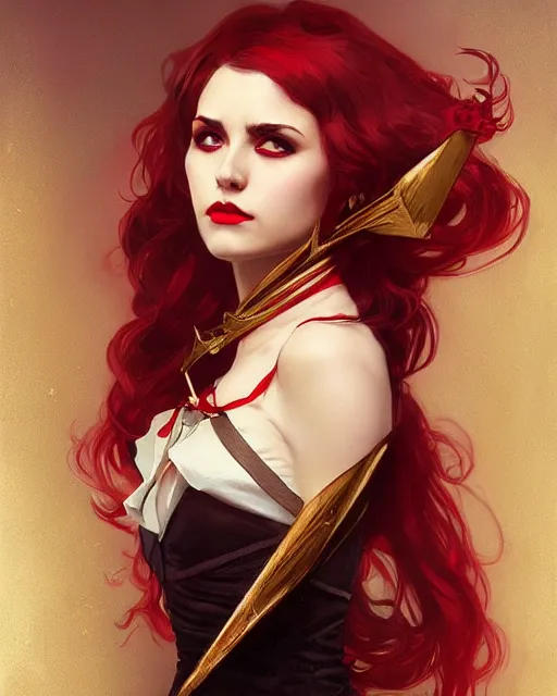 Prompt: female vampire, perfect face, gold waistcoat, red necktie, cinematic, stunning, highly detailed, digital painting, artstation, smooth, hard focus, illustration, art by artgerm and greg rutkowski and alphonse mucha