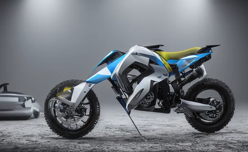 Image similar to futuristic suzuki, dakar motorbike, symmetrical mechanical features, off - road, designed by professional, fog and dirt, industrial design, northen lights background, brushed white and blue paint, black wheel rims, hard surfaces modelling, show room scene, dramatic lighting, hyper realistic rendering, octane, depth of field, bokeh effect, 1 5 0 mm, 4 k