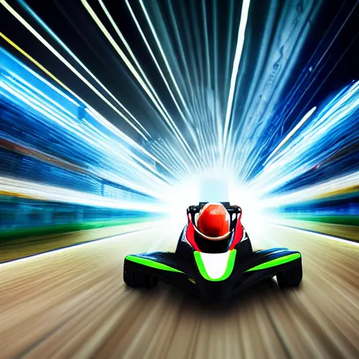 Image similar to go - kart racer taking a corner at speed on a race track, motion blur lights, laser, smoke, debris, fast movement, artistic angle shot, light streaks, dark mood, night time