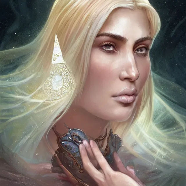 Prompt: Portrait of a magical kim kardashian cleric with kerchief covering her ears, casting a spell. Green eyes, blonde hair, porcelain skin, full lips, high slanted cheekbones. Fantasy art by artgerm and greg rutkowski and alphonse mucha, intricate, elegant, highly detailed, dramatic lighting, digital painting, concept art, illustration, award winning on artstation, D&D, AD&D.