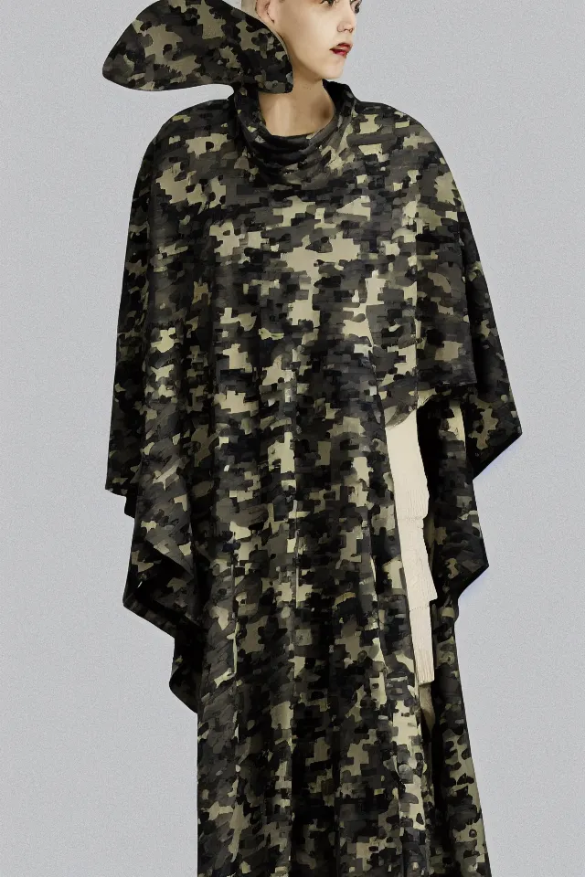 Image similar to fashion design, tactical camouflage poncho by alexander mcqueen and acronym, rim light, high key, ultra detailed