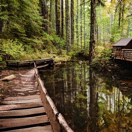 Prompt: Cabin in Canadian forest, creek, wooden bridge, waterfall, award winning photo, 100mm lens, f2.8, low contrast