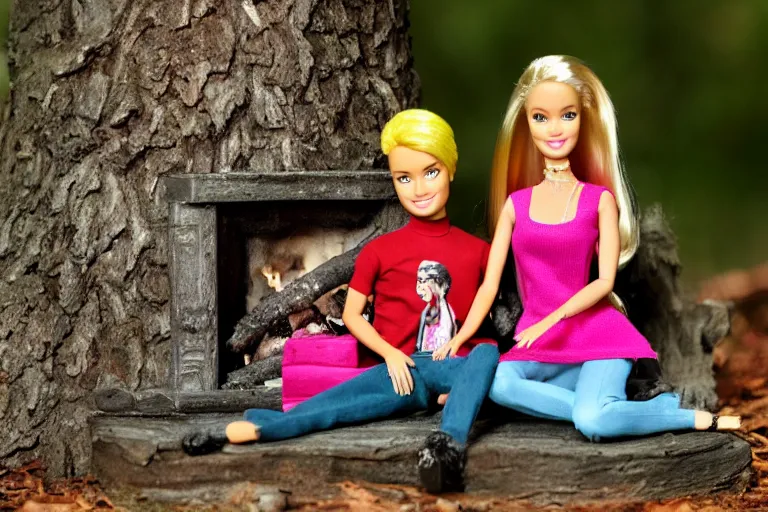 Image similar to Barbie and Ken sitting in the forest near the fireplace, Ken's face is melting, night, high-resolution photo,