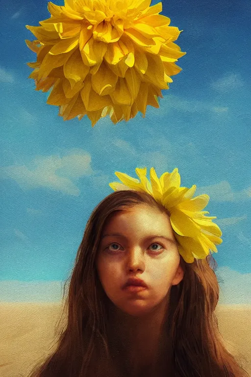 Image similar to closeup girl with huge yellow dahlia flower face, on beach, surreal photography, blue sky, sunrise, dramatic light, impressionist painting, digital painting, artstation, simon stalenhag