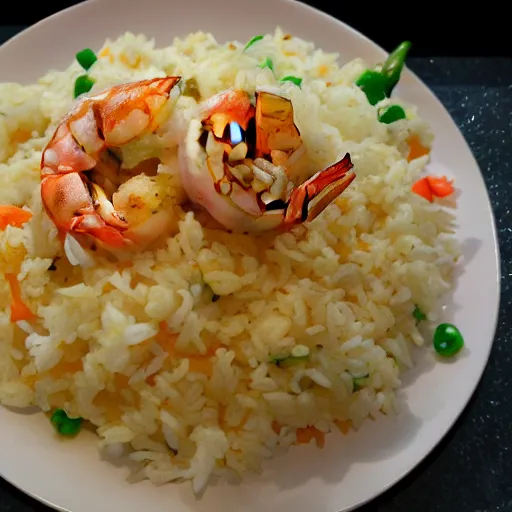 Prompt: a shrimp frying rice
