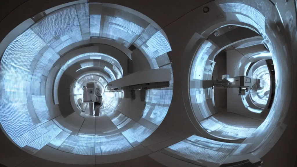 Image similar to an mri image open mri machine time tunnel portal in the living room, film still from the sci fi movie directed by denis villeneuve with art direction by salvador dali, wide lens